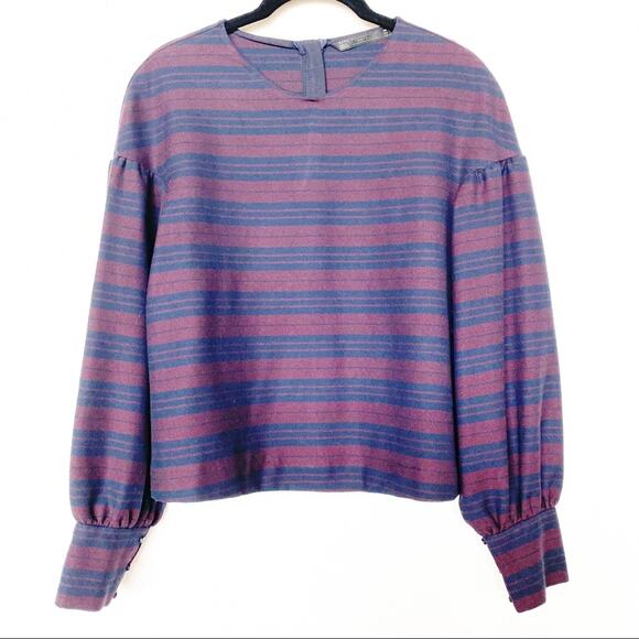 Zara Maroon Navy Stripe Bubble Sleeve Top Size Large - Picture 1 of 9
